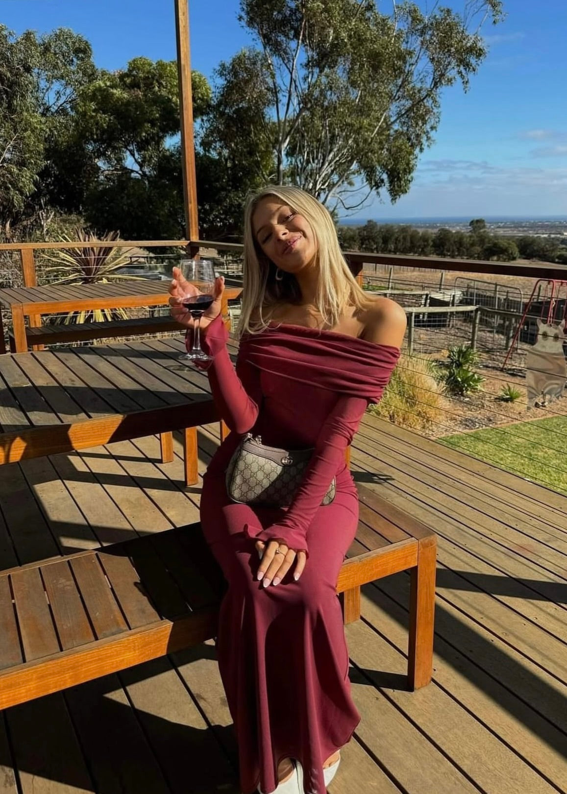 Meshki Josie Off The Shoulder Maxi in Wine