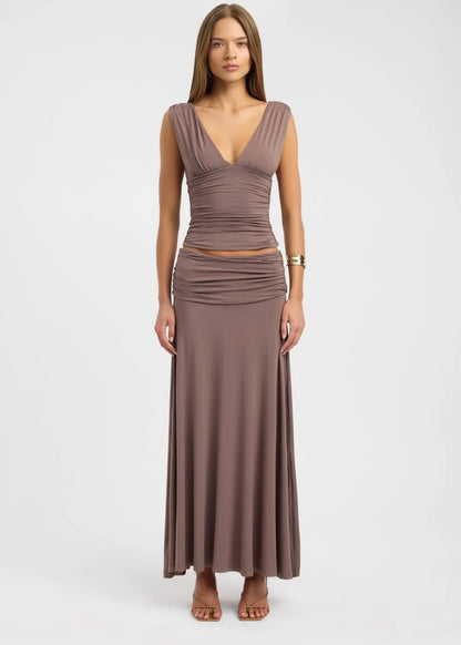Kookai Solis Top & Arlo Skirt in Walnut Brown