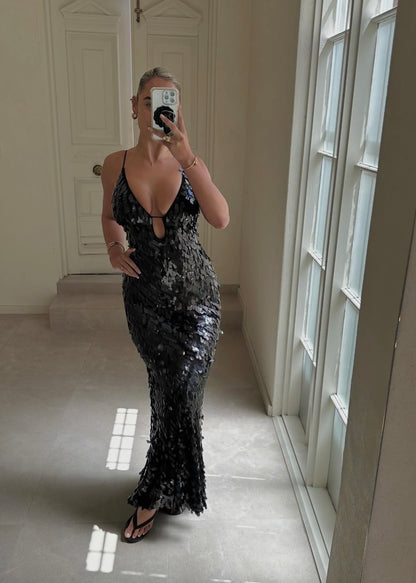 MISHA Sapphire Sequin Maxi Dress in Black