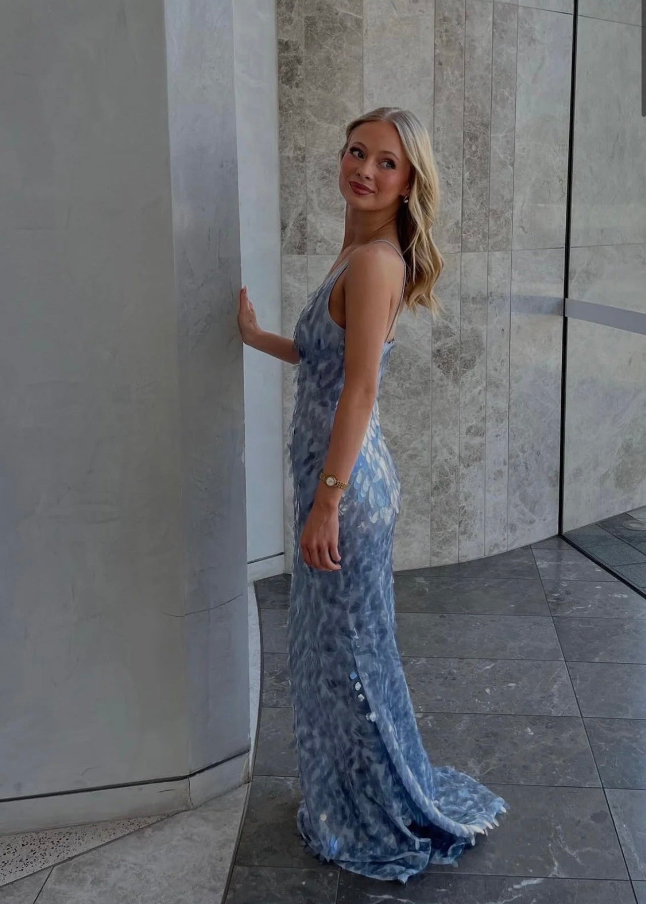 MISHA Sapphire Sequin Maxi Dress in Dove Grey